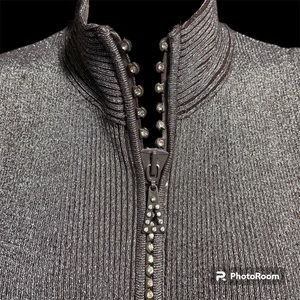 Metallic Jeweled Zipper Gray Stretchy Mock Turtleneck by Magic Scarf Co